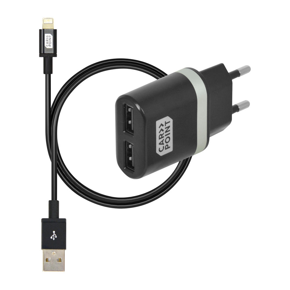 Incarcator priza retea, cu iesire 2x USB,iesire 5V 2.4V, cu cablu conector hibrid MicroUSB MFi Dock 8pin,