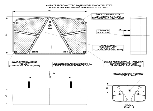 Lampa auto Horpol pentru remorca partea Dreapta 12/24V , 265x140x65mm cu triunghi reflectorizant , 1 buc.