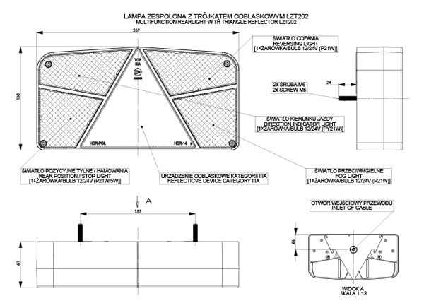 Lampa auto Horpol pentru remorca partea stanga 12/24V , 265x140x65mm cu triunghi reflectorizant, 1 buc.