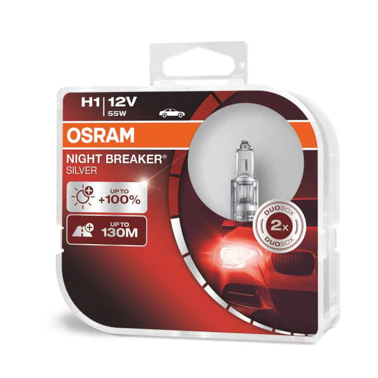 Becuri auto H1 far halogen Osram Night Breaker SILVER 12V 55W P14.5s set de 2 buc 64150NBS-HCB