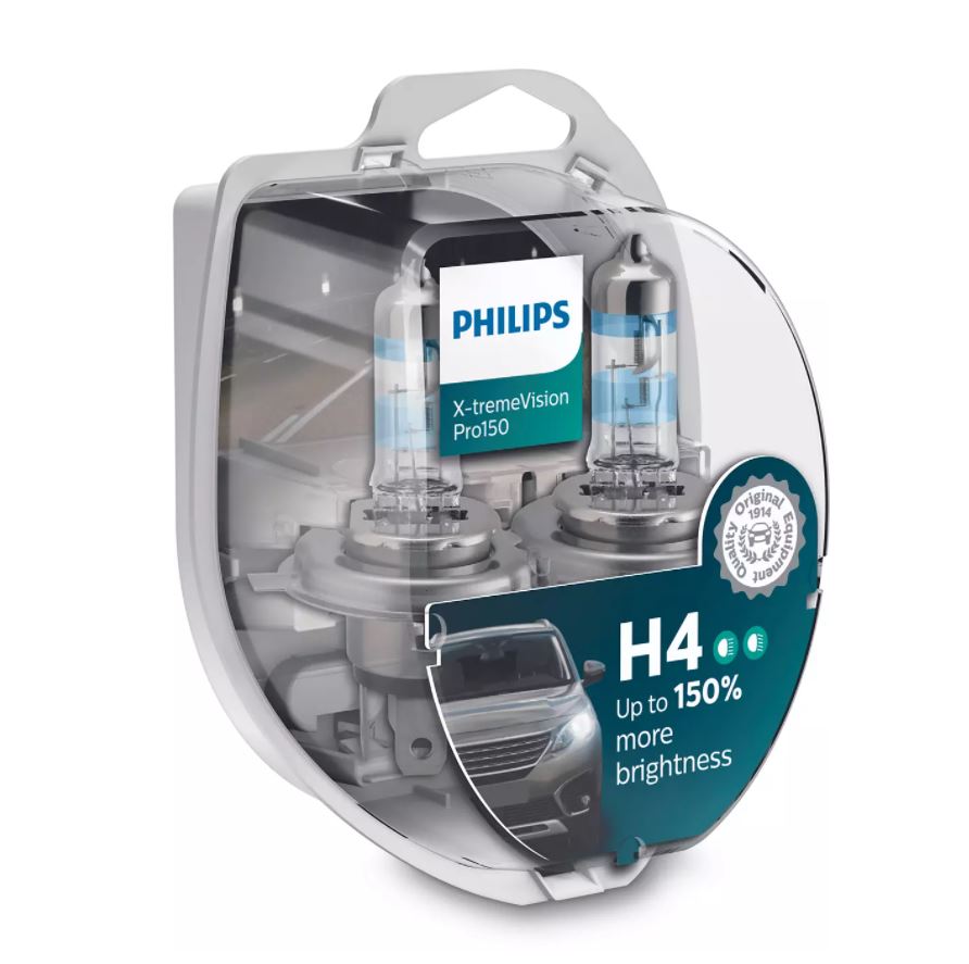 Set 2 becuri auto cu halogen pentru far Philips X-tremeVision Pro150, H4 12V 60/55W P43T, 3600K, 1650/1000lm, 12342XVPS2