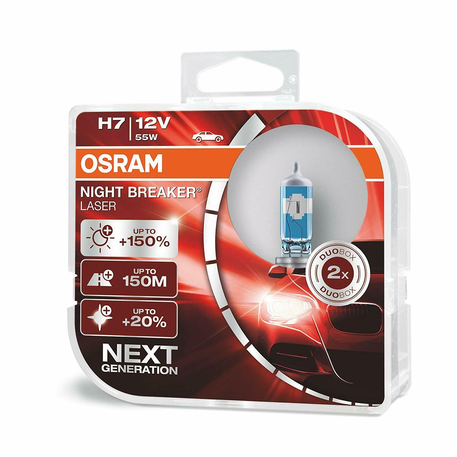 Set 2 becuri auto cu halogen pentru far Osram Night Breaker Unlimited H7 12V 55W +150% mai multa lumina, 64210NL-HCB, culoare 3750k, 1500lm