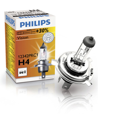 Bec auto cu halogen pentru far Philips Vision +30% H4 12V 60/55W P43t-38 , 1 buc.