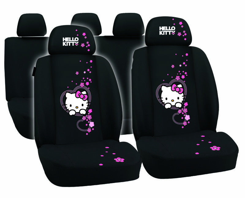 Huse scaune auto Hello Kitty, set 9 buc fata si spate, culoare negru