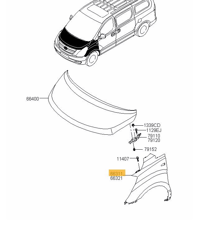 Aripa fata Hyundai H1, 02.2008-12.2014, partea Stanga, cu gauri pt. orn. aripa; gaura semnalizare, 66311 4H550