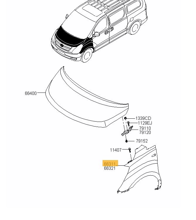 Aripa fata Hyundai H1, 02.2008-12.2014, partea Dreapta, cu gauri pt. orn. aripa; gaura semnalizare, 66321 4H550