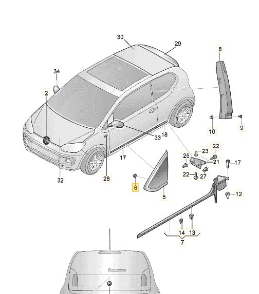 Diblu, clips BMW 3 (E21/30), 5 (E12/28/34), 7 (E23/32); Seat Altea (5P1/5P5), Leon (5F), Mii, Toledo (5P); Skoda: Citigo, Rapid (NH); VW Beetle (5C1), Caddy III, CC, Eos, Fox (5Z1), Passat CC, Polo (6R/9N), Up!; fixare emblema, capac oglinda, set 10 buc