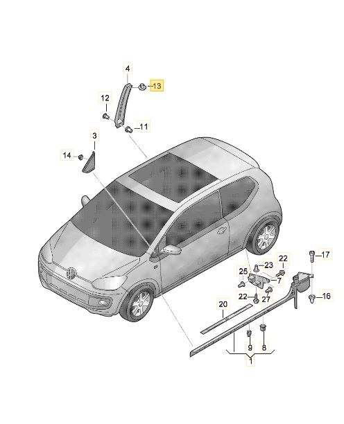 Diblu, clips BMW 3 (E21/30), 5 (E12/28/34), 7 (E23/32); Seat Altea (5P1/5P5), Leon (5F), Mii, Toledo (5P); Skoda: Citigo, Rapid (NH); VW Beetle (5C1), Caddy III, CC, Eos, Fox (5Z1), Passat CC, Polo (6R/9N), Up!; fixare emblema, capac oglinda, set 10 buc