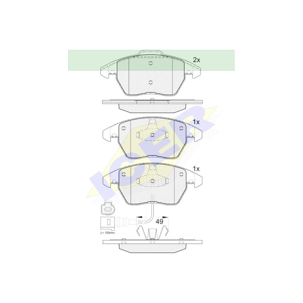 Set placute frana fata Icer 181567, Skoda Fabia 2007-, Octavia 2004-2013, Superb, Yeti, Audi A1, A3, TT; Vw Caddy 2004-, EOS, Golf 5, Golf VI, Golf Plus; Polo 6R, Jetta 2005-, Tiguan , Passat B6/B7 2005-, Touran ; Seat Altea, Altea XL, Ibiza 5,