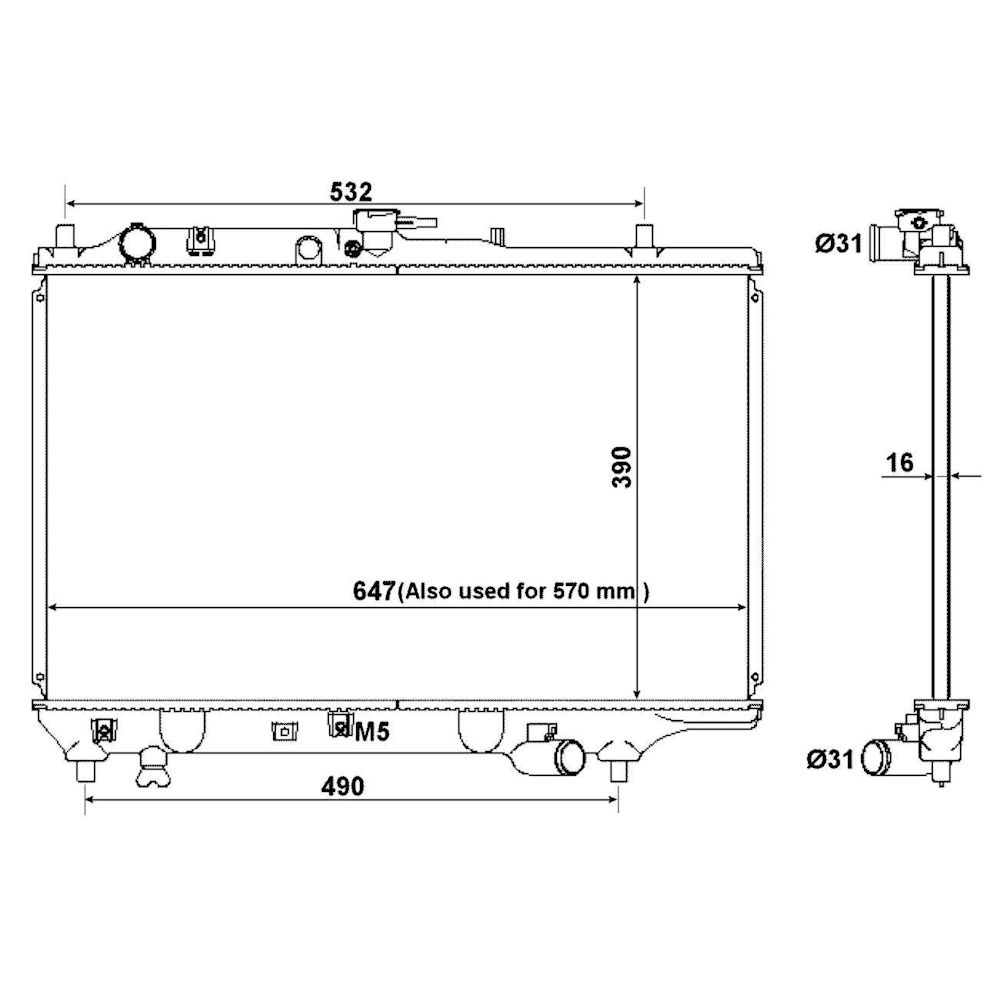 Radiator racire Mazda 323 (Bg/Bf), 06.1989-07.1994, Motorizare 1, 3 49/54kw; 1, 6 62/64/65kw; 1, 8 76/94kw Benzina, cutie Manuala, diametru intrare/iesire 33/32mm, dimensiune 568x390x16mm, Cu lipire fagure prin brazare, Aftermarket