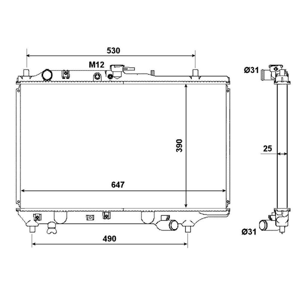 Radiator racire Mazda 323 (Bg/Bf), 06.1989-07.1994, Motorizare 1, 8 T 156kw Benzina, cutie Manuala, diametru intrare/iesire 31/31mm, tip Calsonic, dimensiune 645x390x26mm, Cu lipire fagure prin brazare, Aftermarket