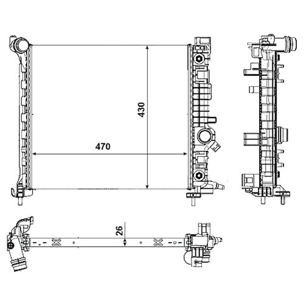 Radiator racire Opel Meriva, 03.2010-, Motorizare 1, 7 Cdti 74kw Diesel, tip climatizare Cu/fara AC, cutie automata, cu conectori rapizi intrare/iesire, dimensiune 470x428x25mm, Cu lipire fagure prin brazare, KOYO