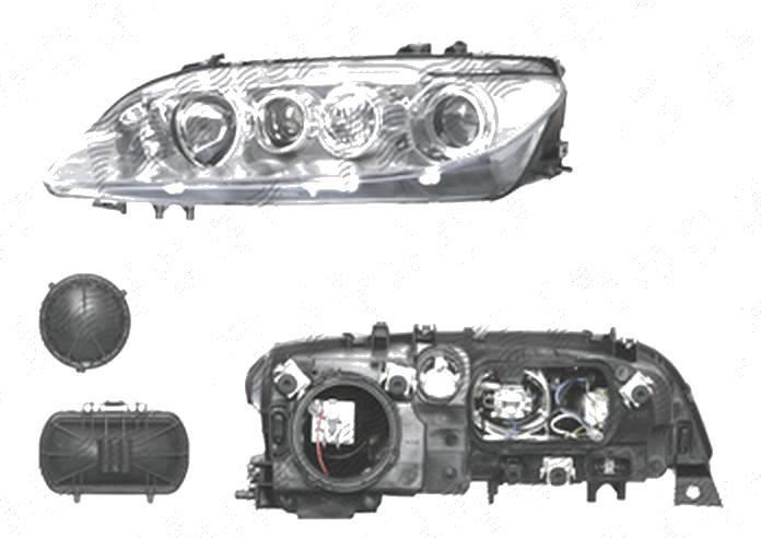 Far Mazda 6 (Gg/Gy), 06.2002-04.2005, fata, Stanga, H1+H1+H3; electric; rama reflector argintie; cu motor, DEPO