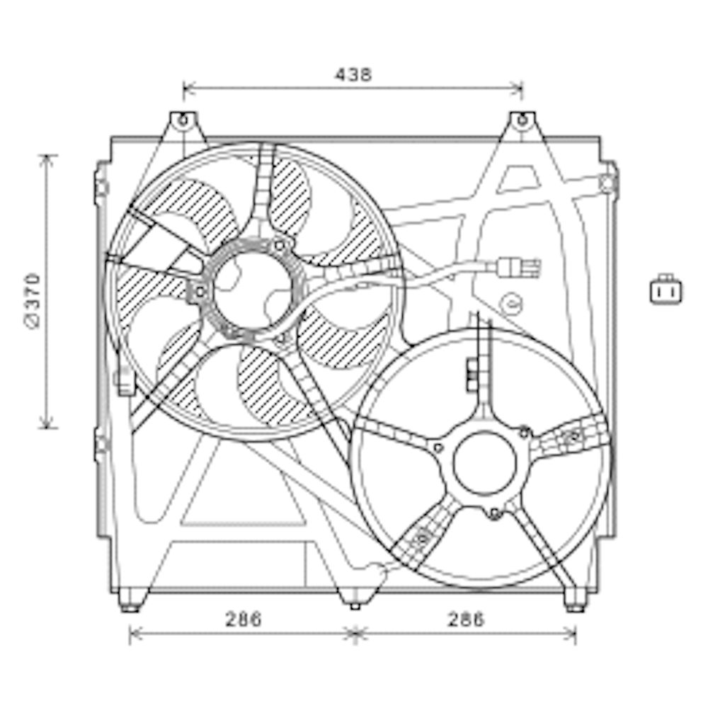 GMV radiator electroventilator Hyundai Terracan (Hp), 2001-2006 (Motor 3, 5 V6 143kw), Kia Sorento (Jc), 07.2002-2006 (Motor 2, 4 102kw; 3, 5 V6 143kw) Benzina, tip climatizare Fara AC, dimensiune 370mm, cu 2 pini, fara rezistor, plastic, Aftermarket