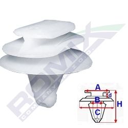 Clema, clips fixare Renault Clio II (B0/1/2) 09.98-06.01, Clio II/Storia/Campus (B0/1/2) 07.01-, Megane II (M) 01.06-10.08/11.02-12.05; bandouri laterale, set 10 buc, 7701047661