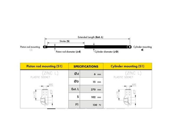 Amortizor pavilion Citroen C3 PLURIEL (HB), 09.2003-07.2010, plafon, model CABRIO, lungime 270mm, cursa 100mm, forta 130N, 443.49.891,