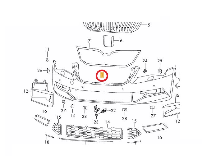 Bara fata Skoda Superb (3v), 05.2015-07.2019, cu locas pt spalator si asistenta la parcare; gata de vopsit (fara primer), Aftermarket