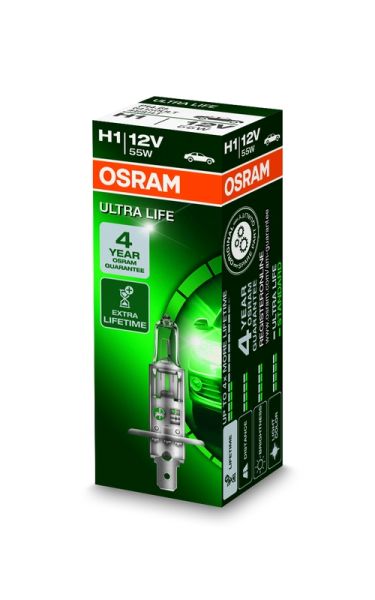 Bec auto cu halogen OSRAM H1 12V 55W P14.5S Ultralife; triplu durabilitate 1 buc. 64150ULT
