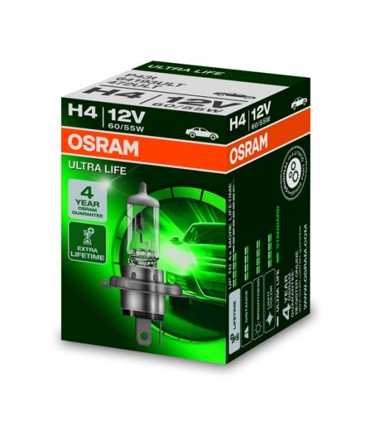 Bec auto halogen OSRAM H4 12V; 60/55W; ultralife; triplu durabilitate; P43t; 64193ULT, 1 buc.