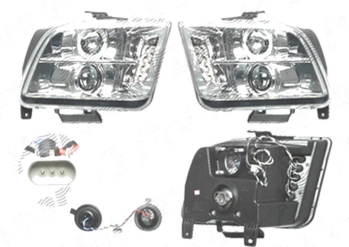 Far Ford Mustang, 09.2004-02.2009, fata, Stanga+Dreapta, cu fiber-optic Lampa pozitie; Tip= USA; H1+H1; manual; transparent, silver; tuning; omologare: SAE, Taiwan