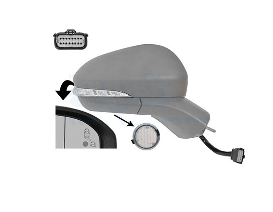 Oglinda usa exterioara Ford Mondeo, 10.2014-, partea Dreapta, reglare electrica; grunduit; incalzit; cu functie de unghi mort; sticla asferica; geam cromat; rabatabil; memorie; 14 pini (poli); cu Lucas; cu lampa perimetru; brat oglinda grunduit