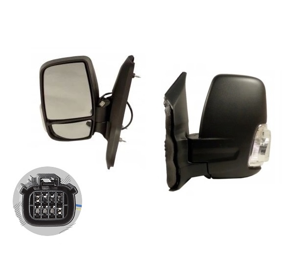 Oglinda usa exterioara Ford Transit/Tourneo, 01.2014-, partea Stanga, ajustabil manual; textil; scurt; sticla convexa; geam cromat; cu semnalizator alb, Aftermarket