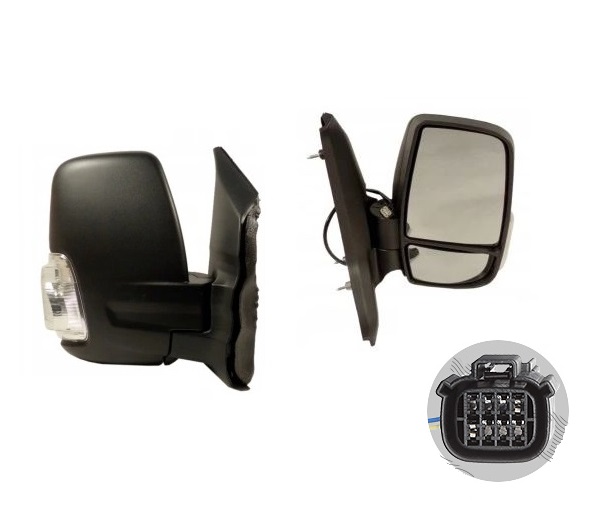 Oglinda usa exterioara Ford Transit/Tourneo, 01.2014-, partea Dreapta, ajustabil manual; textil; scurt; sticla convexa; geam cromat; cu semnalizator alb, Aftermarket