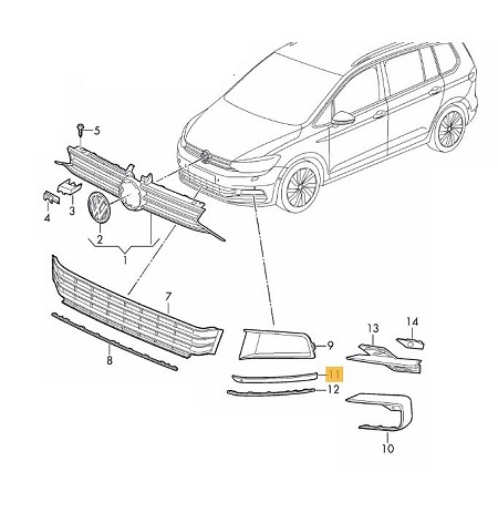 Ornament grila bara protectie VW Touran (5t), 05.2015-, Fata, partea Stanga, Texturat; negru; cu gauri pt. ornamente, Aftermarket