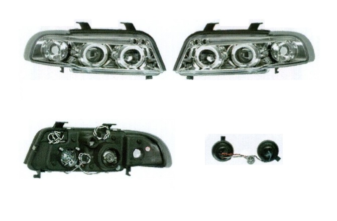 Set faruri Audi A4 (B5), 11.1994-12.1998, partea Stanga+Dreapta, Tuning, Fata, cu lumina parcare fibra optica; tip bec H1+H1; manual/electric; transparent, argintiu; fara motor; tuning, Taiwan
