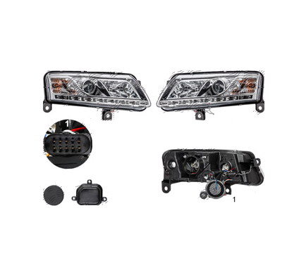 Set faruri tuning AUDI A6 (C6), 05.2004-10.2008, Taiwan, partea stanga+dreapta, cu lumina de zi;tip bec H1+H7+LED; manual/electric; transparent, argintiu; fara motor;