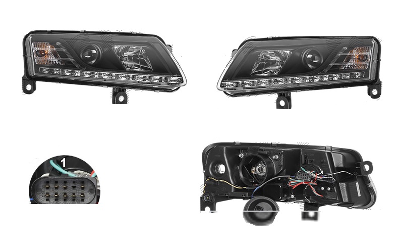 Set faruri Audi A6 (C6), 05.2004-10.2008, partea Stanga+Dreapta, Tuning, Fata, cu lumina de zi; H1+H7+LED; manual/electric; negru, transparent; fara motor; cu becuri; tuning, Taiwan