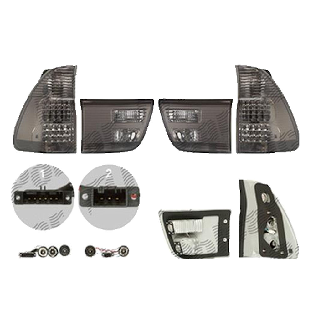 Set stopuri Spate Bmw X5 (E53), 01.1999-10.2006, partea Stanga+Dreapta, interior; exterior; tip bec LED+P21W+PY21W; fumuriu, transparent; cu soclu bec; tuning; Omologare: ECE, Taiwan