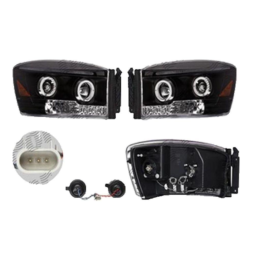 Set faruri Dodge Ram, 01.2006-08.2008, partea Stanga+Dreapta, Tuning, Fata, Tip=USA; tip bec H1+H1+LED; manual; negru, transparent; cu cablaj; cu becuri; tuning; Omologare: SAE, Taiwan