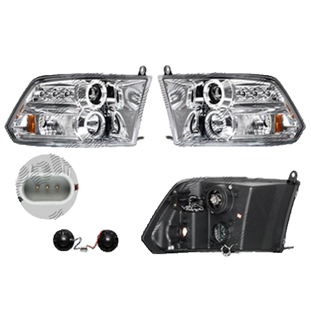 Set faruri Dodge Ram (Ds/Dj), 09.2008-, partea Stanga+Dreapta, Tuning, Fata, Lampa de parcare pe fibra optica; Tip=USA; tip bec H1+H1; manual; transparent, argintiu; tuning; Omologare: SAE, Taiwan