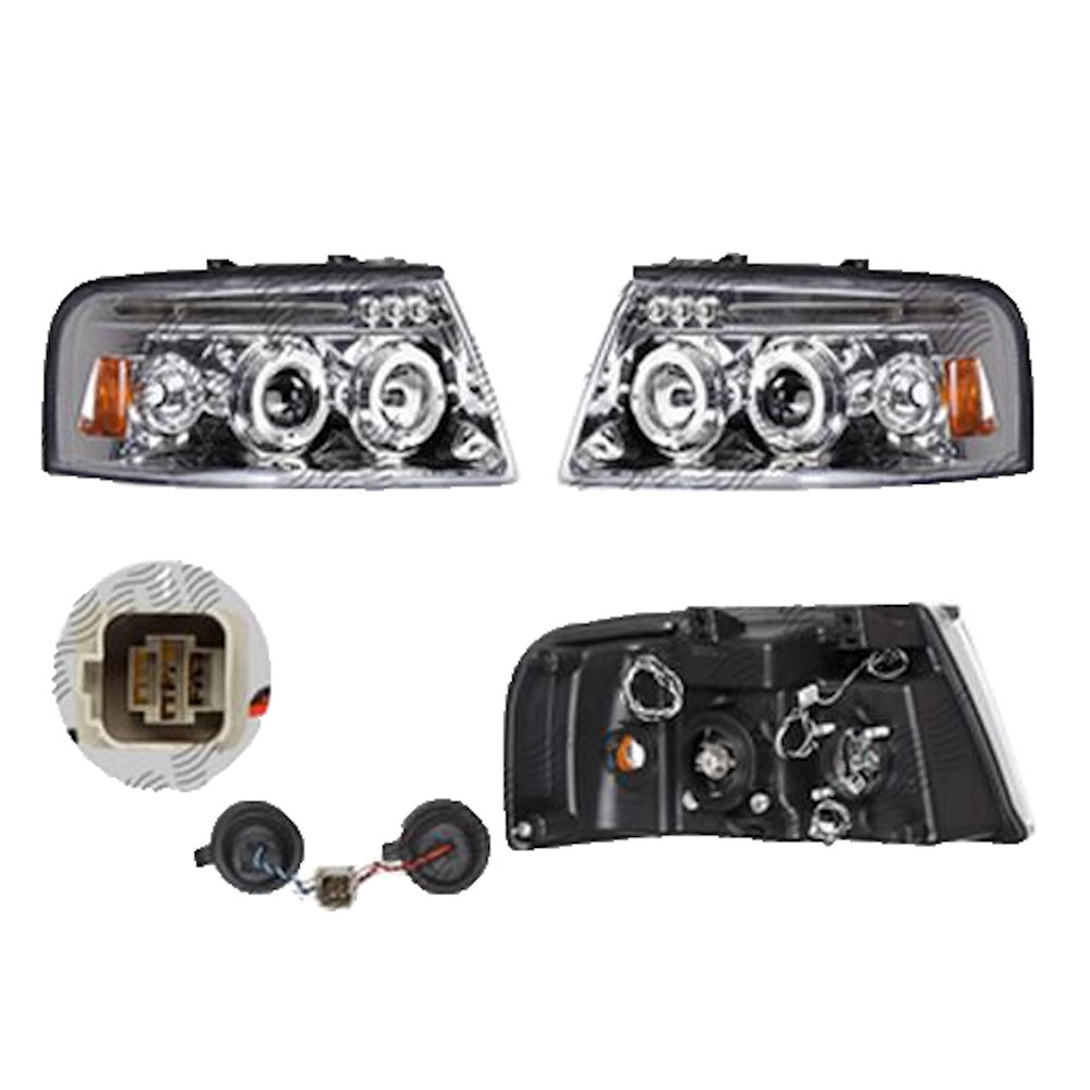 Set faruri Ford Expedition, 11.2002-10.2006, partea Stanga+Dreapta, Tuning, Fata, cu indicator led; cu lumina de parcare LED; Tip=USA; tip bec H1+H1+LED; manual; transparent, argintiu; cu cablaj; cu becuri; tuning; Omologare: SAE, Taiwan