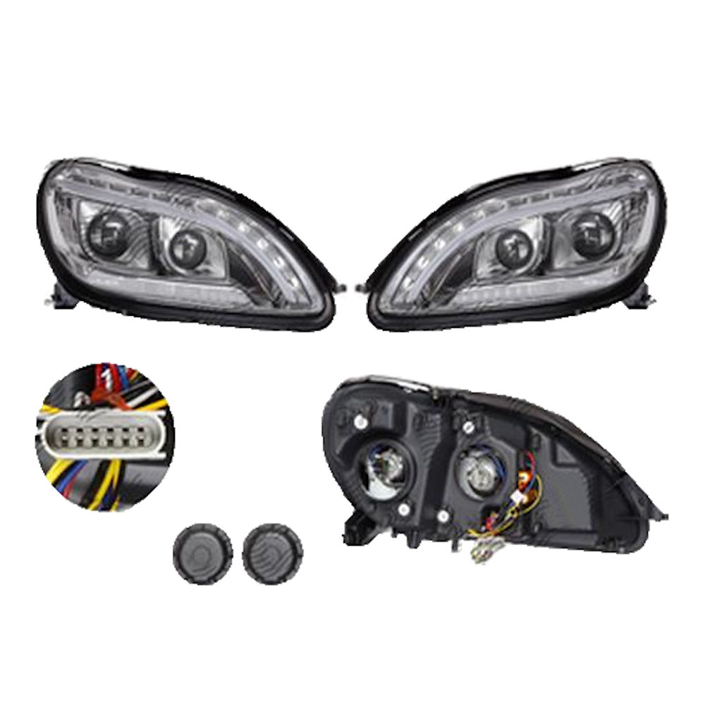 Set faruri Mercedes Clasa S (W220) 10.1998-2002, partea Stanga+Dreapta, Tuning, Fata, cu lentile; cu indicator led; cu lumina timp de zi tip LED; cu lumina parcare fibra optica; cu lampa ceata Fata; tip bec H1+H7+H7+LED; manual; cromat; tuning, Taiwan