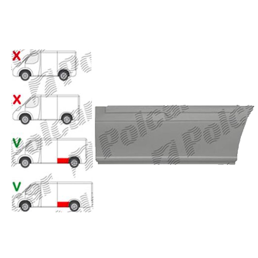 Segment reparatie aripa spate Mercedes Sprinter 209-524, 07.2006-06.2018, Vw Crafter (2e), 12.2005-04.2017, Lungime, Extra Lung, Spatiu Incarcare L=4300mm, Spatiu Incarcare L=4700mm, partea Dreapta, in fara carenaj; fara locas ornament; 1075x385 mm