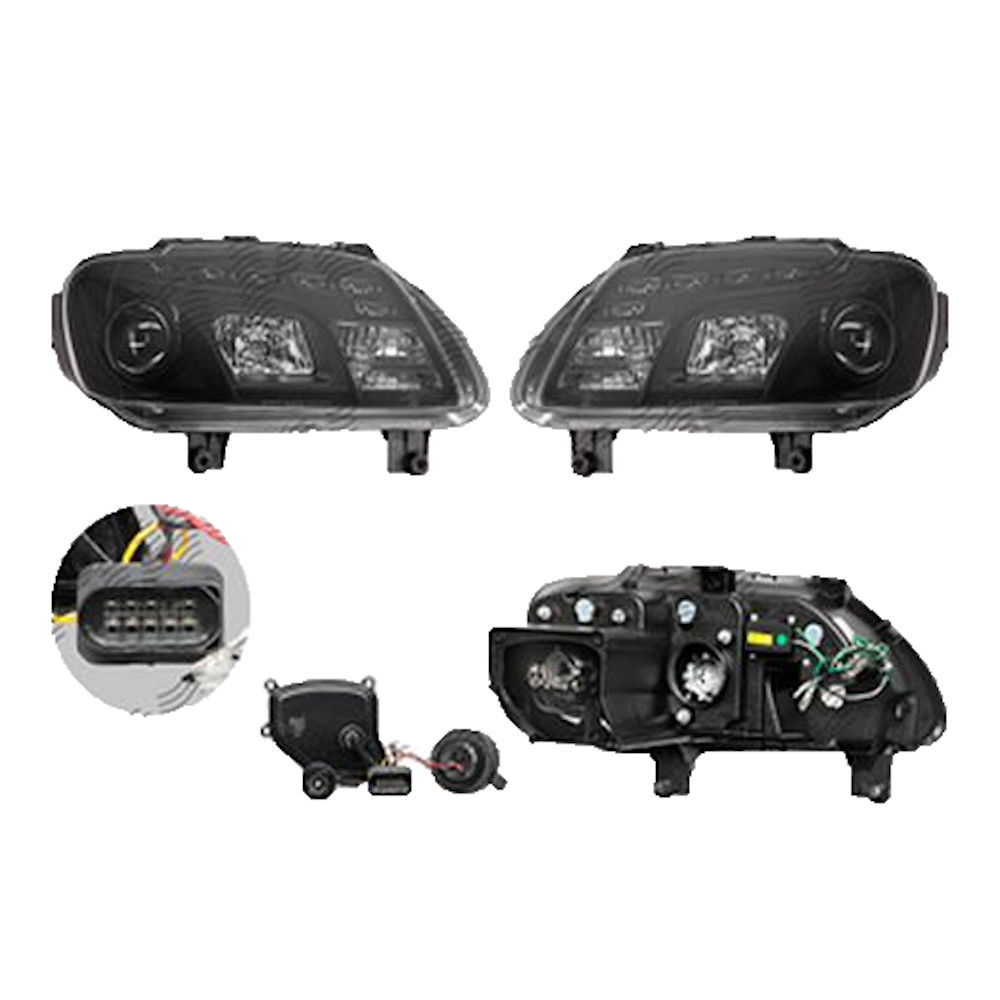 Set faruri VW Caddy Iii/Life (2k), 03.2004-06.2010, Touran (1t), 02.2003-12.2006, partea Stanga+Dreapta, Tuning, Fata, cu lumina de parcare LED; H1+H7; manual/electric; negru, transparent; fara motor; tuning, Taiwan