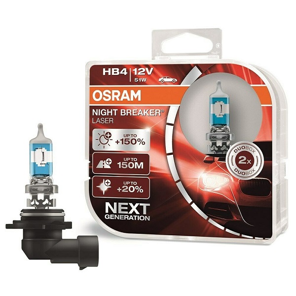 Set becuri auto halogen HB4 (9006) OSRAM 12V; 51W; night breaker laser; 1095lm; cu pana 150% mai multa lumina; culoare temperatura 3950K; P22d; 9006NLHCB, 2 buc.