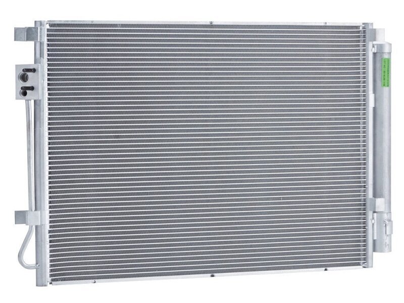 Condensator climatizare OEM/OES Hyundai I20, 03.2012-12.2015, motor 1.2, 57 kw; 1.4, 74 kw benzina, cutie manuala, full aluminiu brazat, 555 (520)x375 (365)x12 mm, cu uscator si filtru integrat