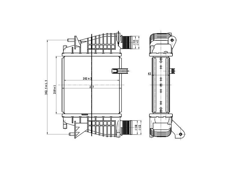 Radiator intercooler Nissan Note (E11); Renault Clio Grandtour (Kr0/1), Clio 2 (Bb0/1/2, Cb0/1/2), Clio 3 (Br0/1, Cr0/1), Modus / Grand Modus (F/Jp0)